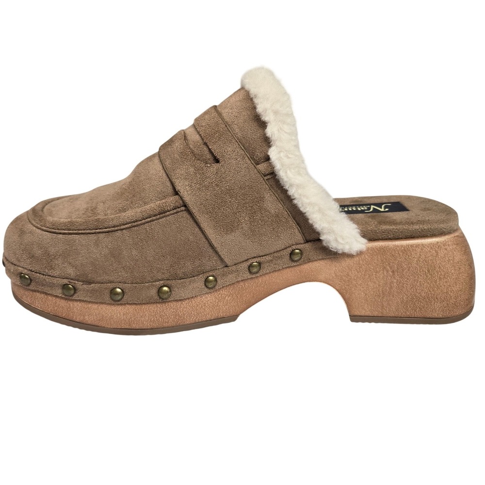 Natural Reflections Jeda Taupe Faux Suede Penny Loafer Clog Faux Fur Mule 7.5M